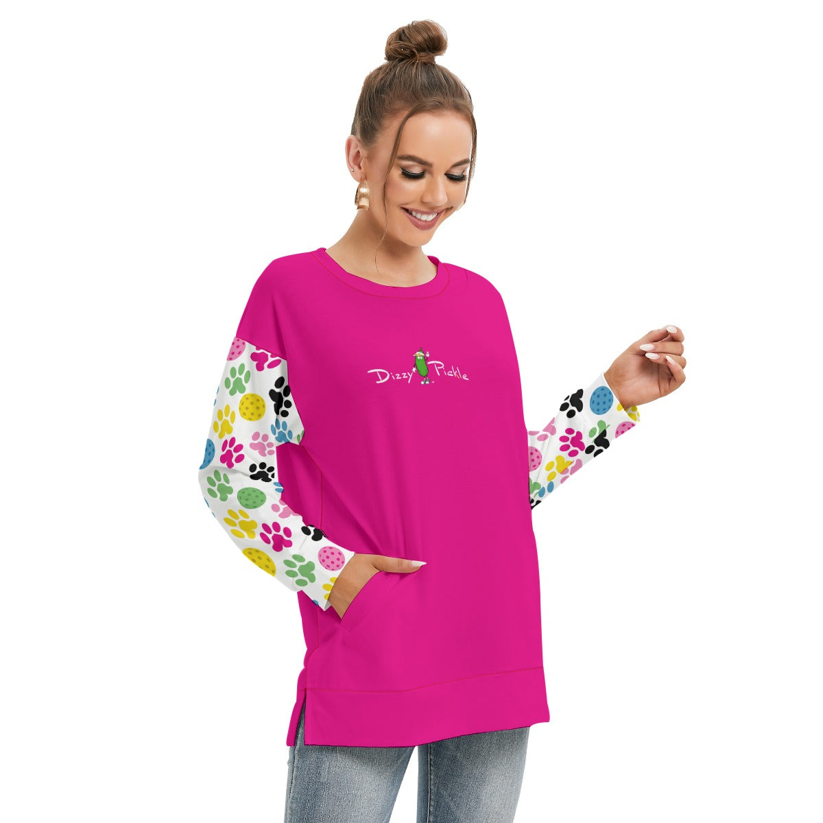 Dizzy Pickle Sassy Paws Women's Pickleball Side Split O-Neck Sweatshirt