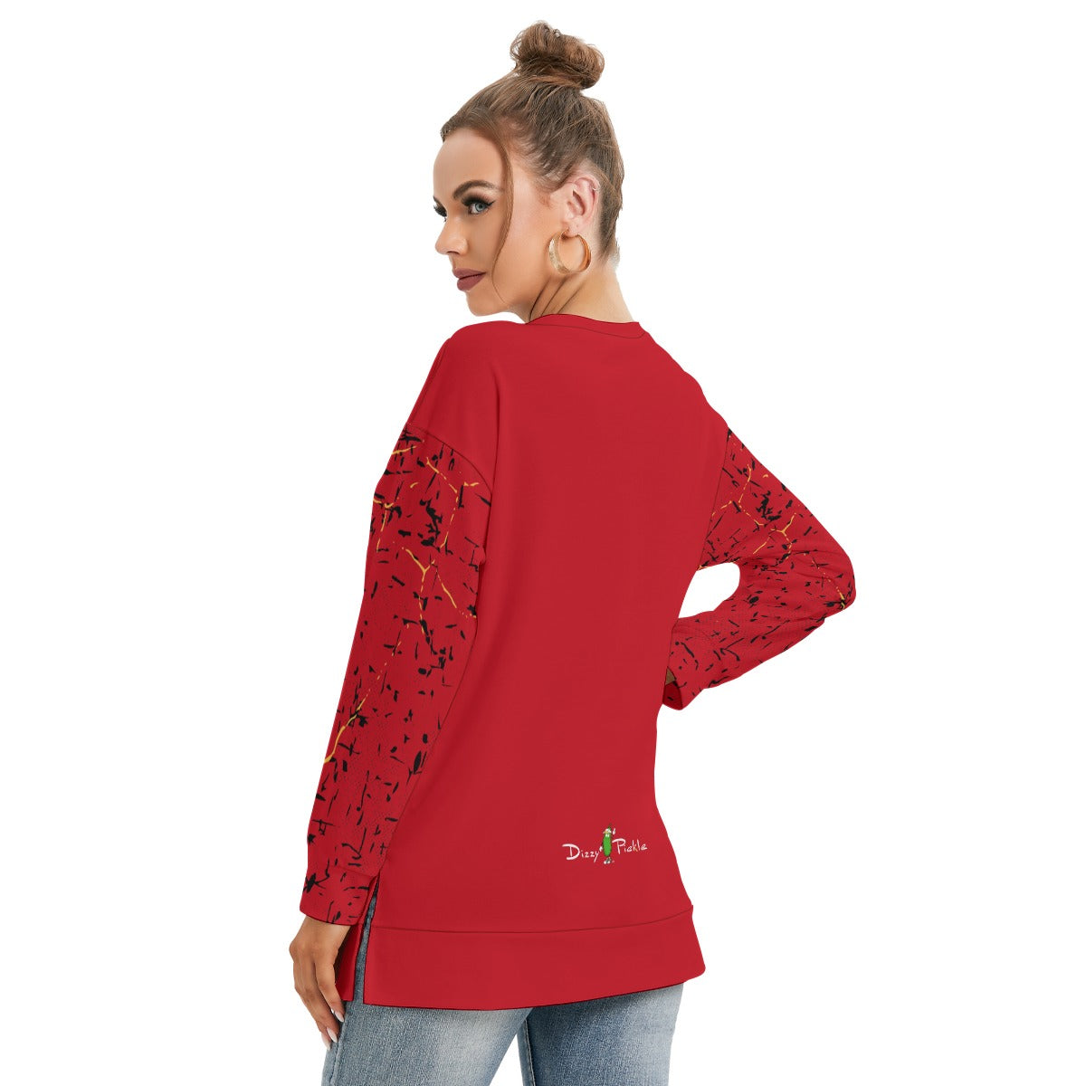 Dizzy Pickle Lynne Red Women's Pickleball Side Split O-Neck Sweatshirt