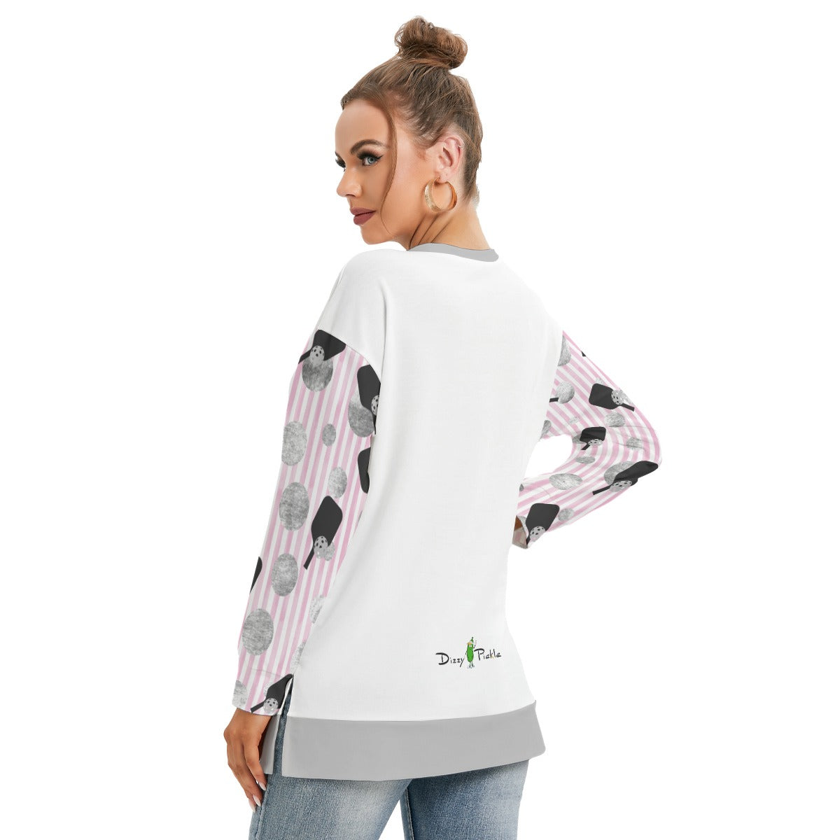 Dizzy Pickle Page Polka Dots_Paddles_Stripes Women's Pickleball Side Split O-Neck Sweatshirt