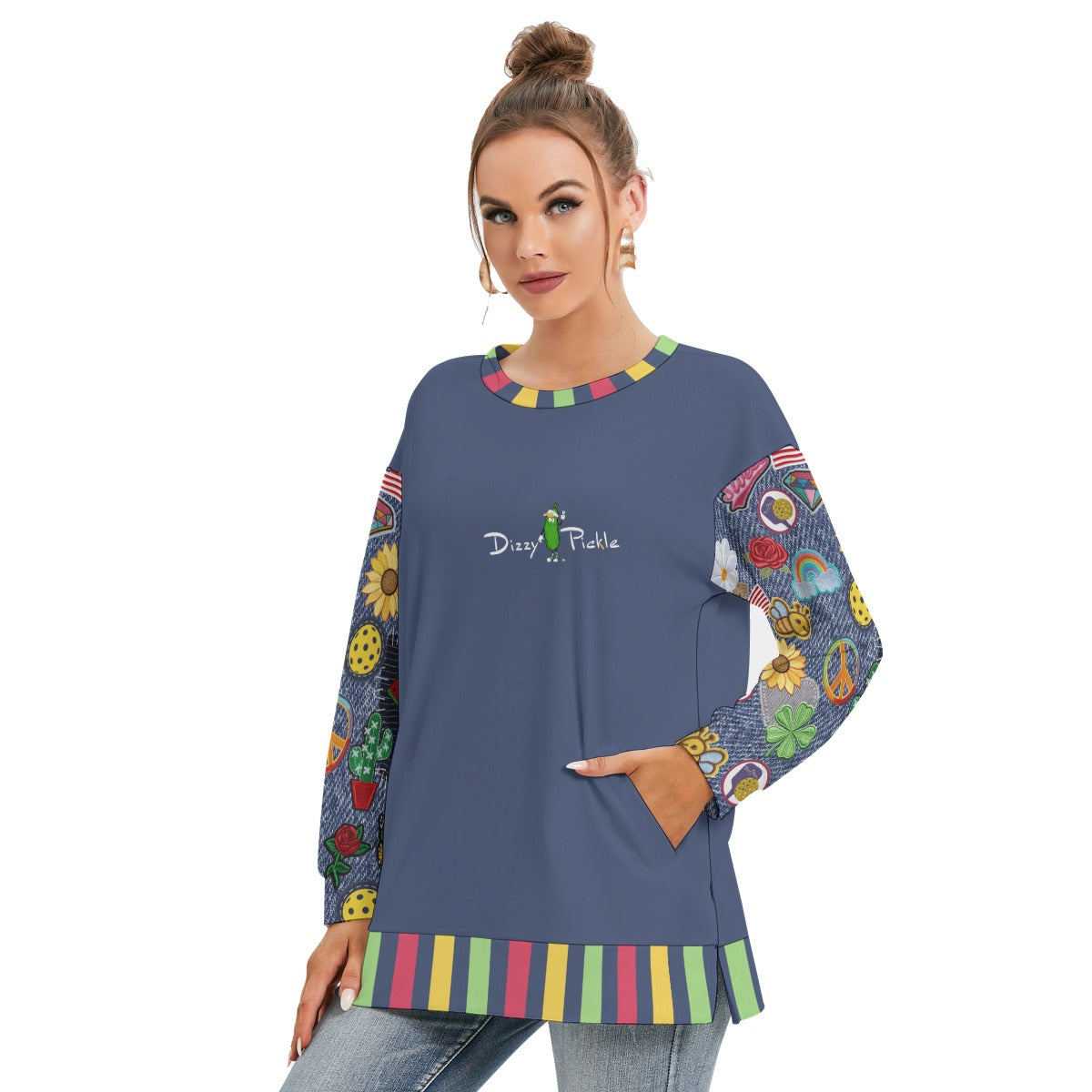 Dizzy Pickle Amy Patches Women's Pickleball Side Split O-Neck Sweatshirt