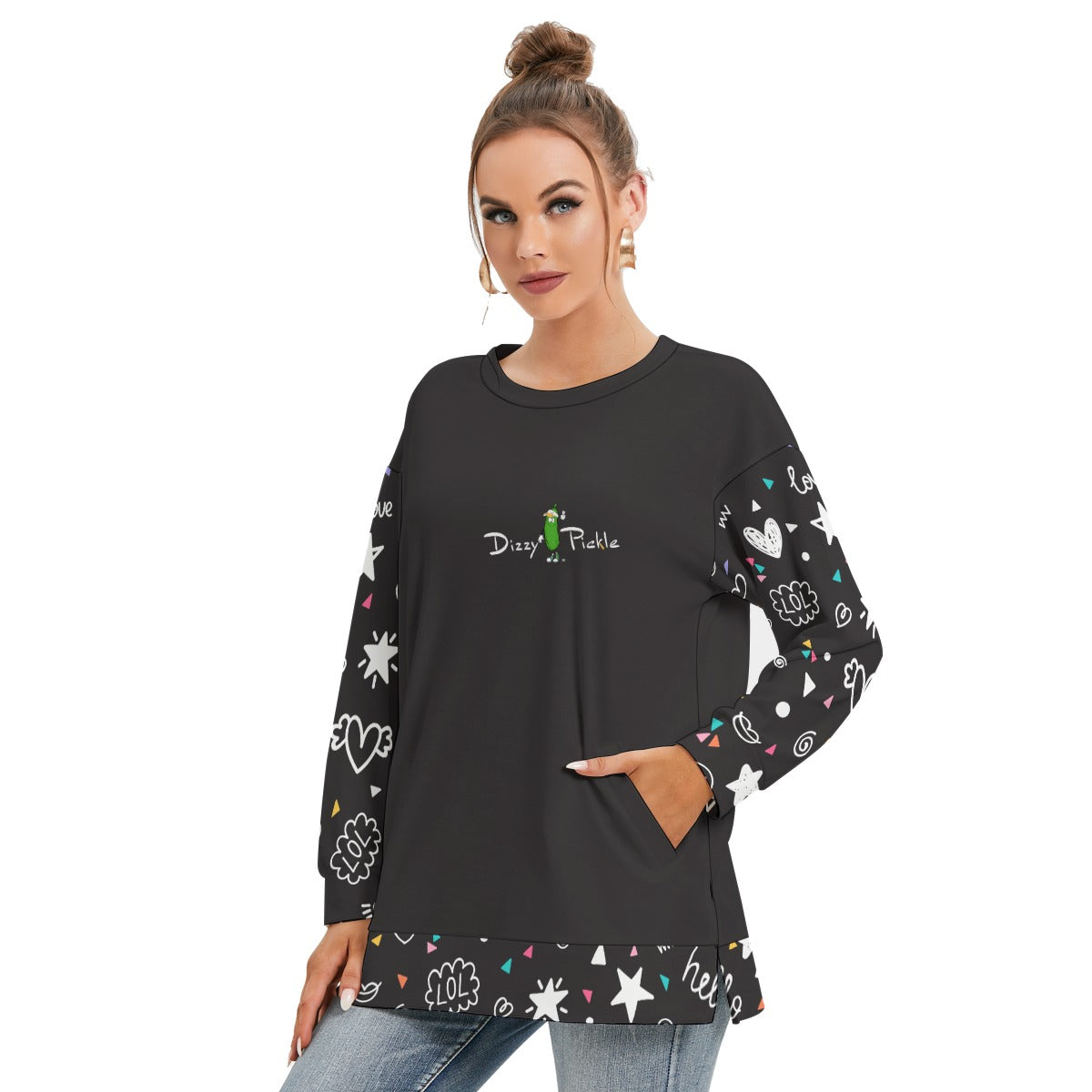 Dizzy Pickle Rachel Black Women's Pickleball Side Split O-Neck Sweatshirt