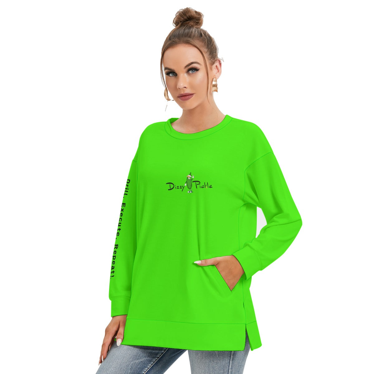 Dizzy Pickle DZY P Classic Lime Green Women's Pickleball Side Split O-Neck Sweatshirt