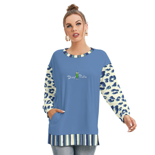 Dizzy Pickle Anne Leopard Print Light Blue Women's Pickleball Side Split O-Neck Sweatshirt