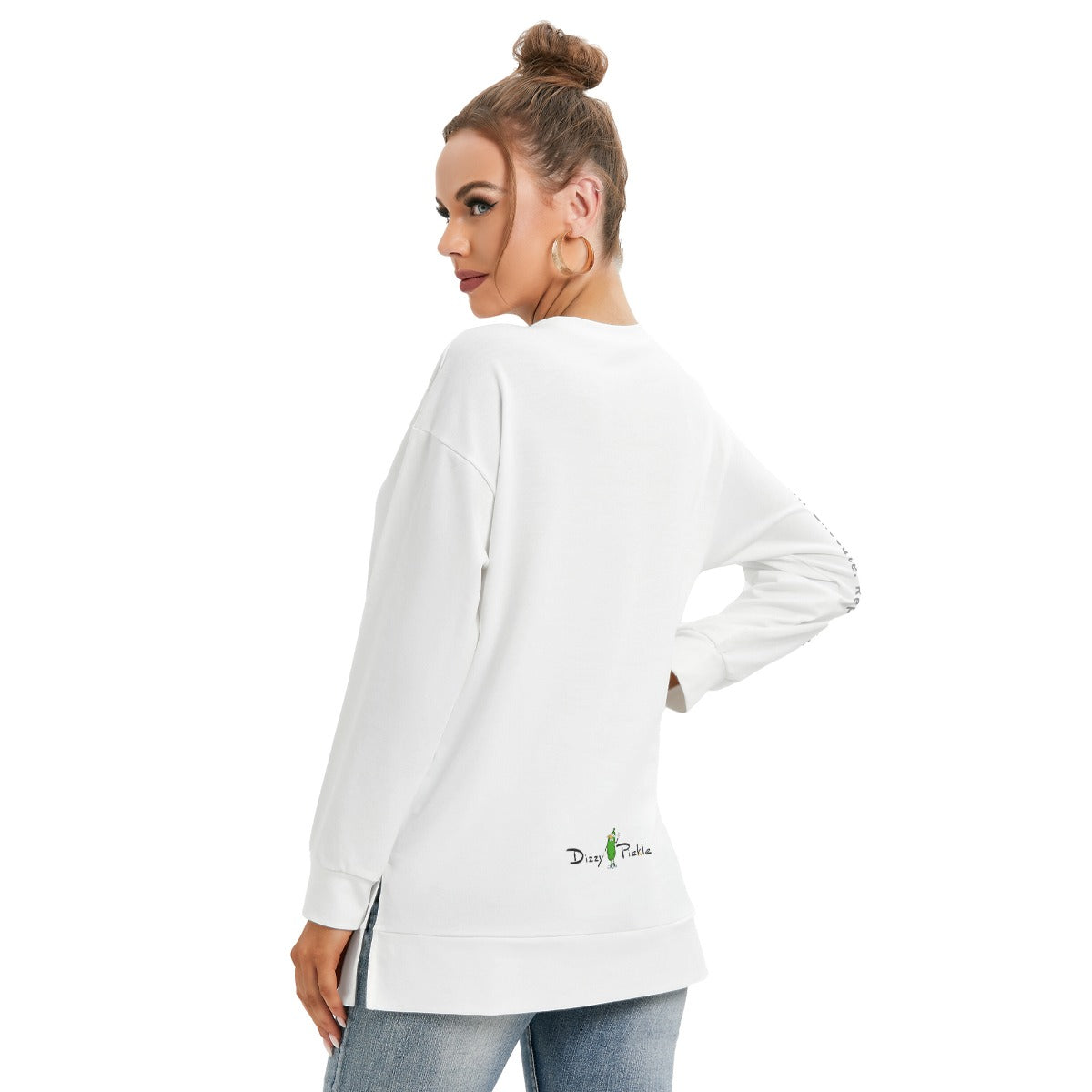 Dizzy Pickle DZY P Classic White Women's Pickleball Side Split O-Neck Sweatshirt