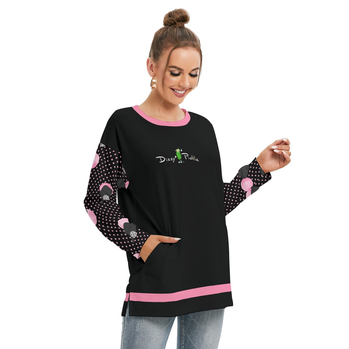 Dizzy Pickle Page Paddles_Polka Dots Black Women's Pickleball Side Split O-Neck Sweatshirt