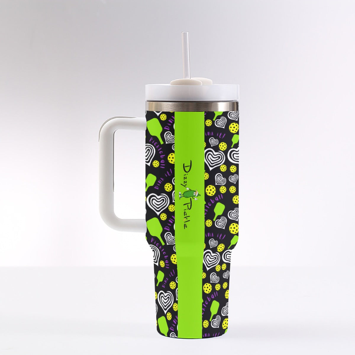 Dizzy Pickle Dinking Diva Hearts BG 40 oz. Mega Pickleball Insulated Tumbler with Handle