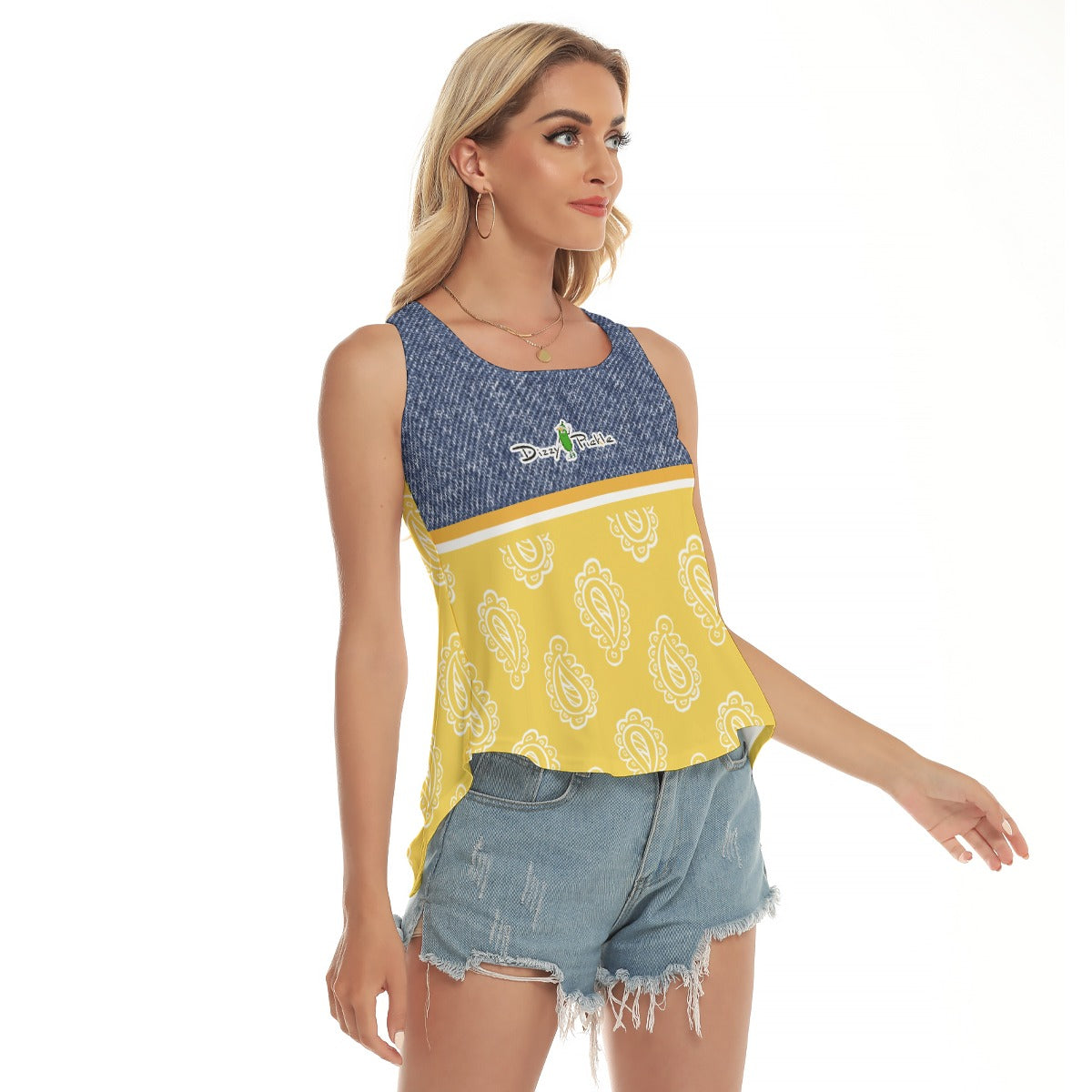 Dizzy Pickle Amy Denim Yellow Women's Pickleball Open-Backed Sleeveless Tank Top