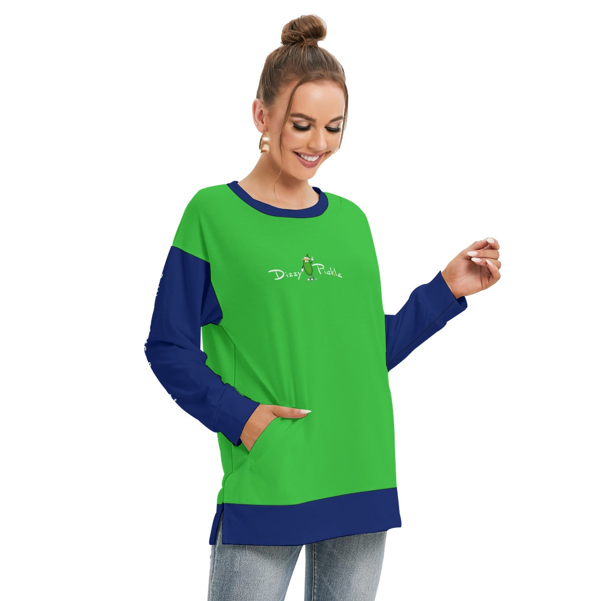 Dizzy Pickle DZY P Classic Green_Blue Women's Pickleball Side Split O-Neck Sweatshirt