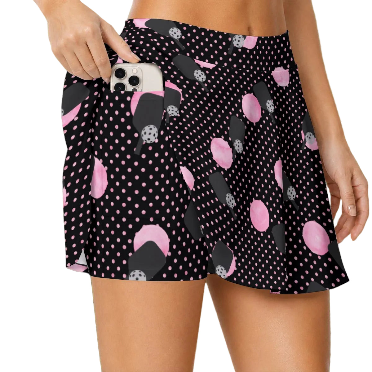Dizzy Pickle Page Paddles & Polka Dots Black Women's (16" - 17") Active A-Line Swing Pickleball Skort