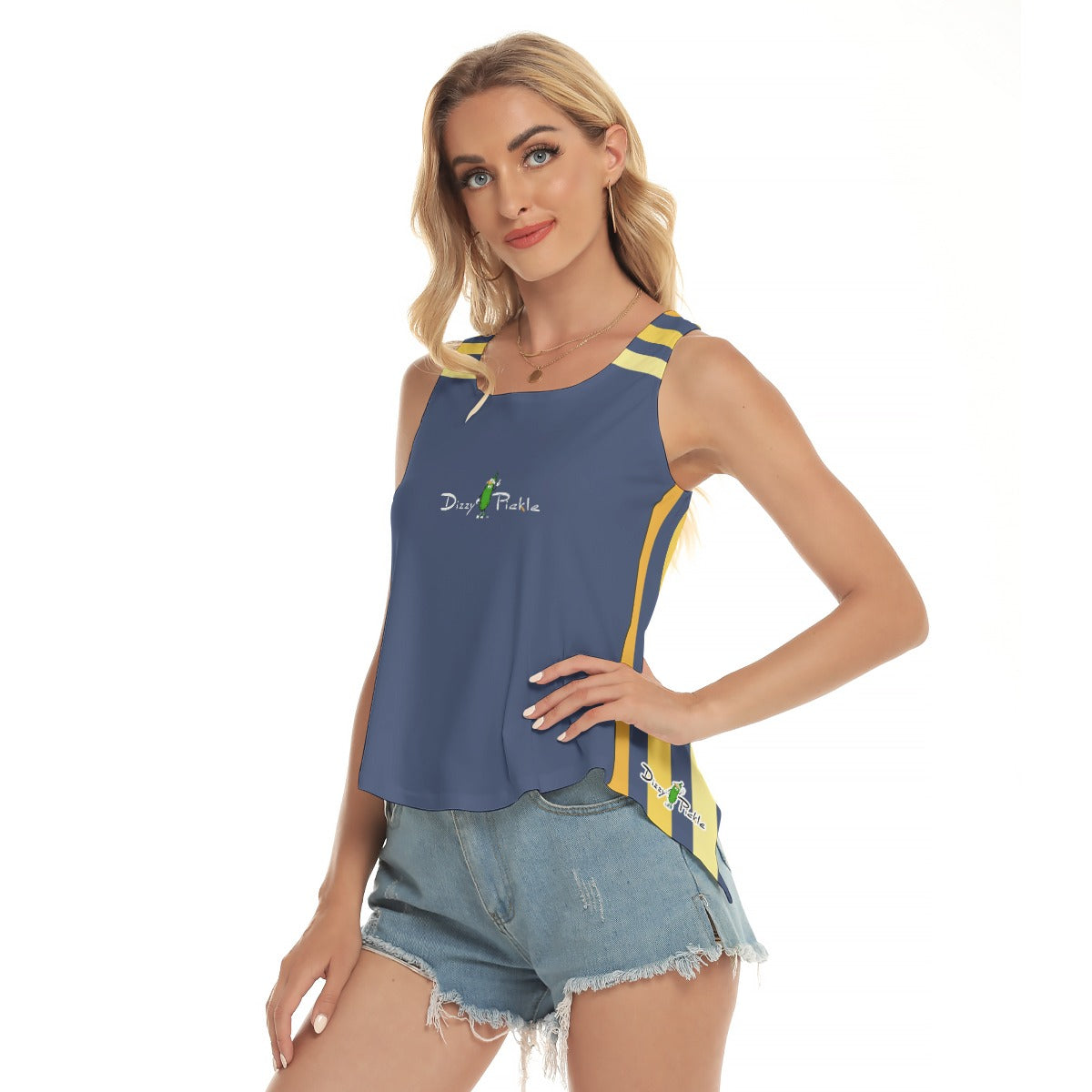 Dizzy Pickle Amy Sunflowers Blue Stripes Women's Pickleball Open-Backed Sleeveless Tank Top