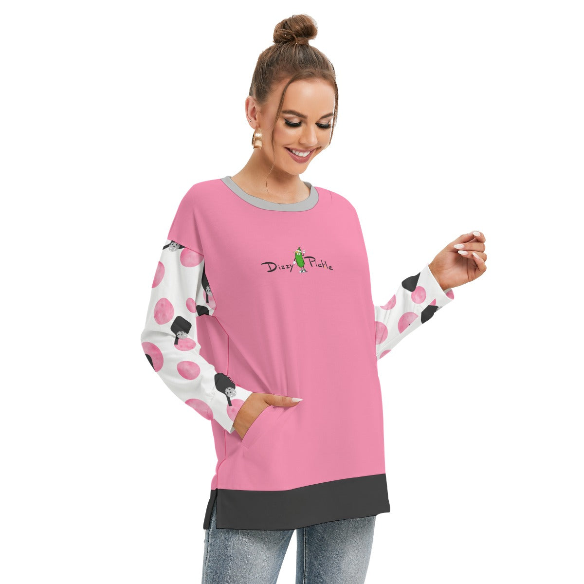 Dizzy Pickle Page Paddles_Polka Dots White Women's Pickleball Side Split O-Neck Sweatshirt