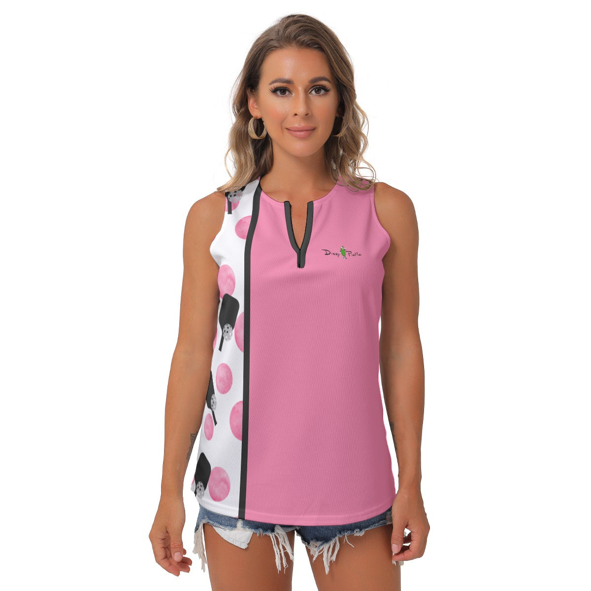 Dizzy Pickle Page Paddles_Polka Dots White Women's Pickleball Sleeveless V-Neck Top