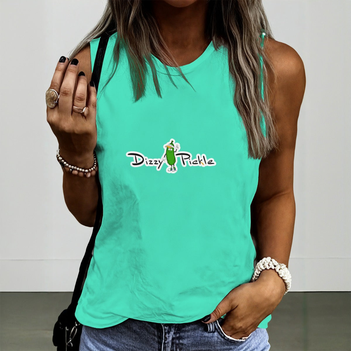 Dizzy Pickle DZY P Classic Aqua Women's Pickleball Crew Neck Sleeveless Premium T-Shirt