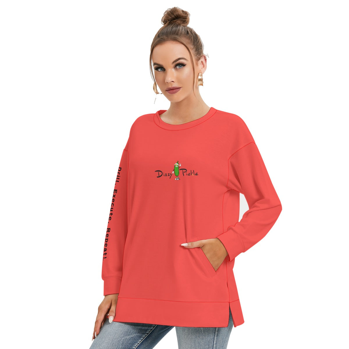 Dizzy Pickle DZY P Classic Coral Women's Pickleball Side Split O-Neck Sweatshirt