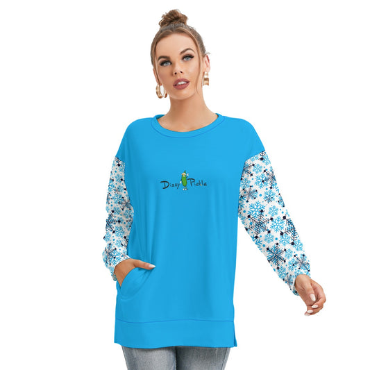 Dizzy Pickle Christmas Snowflakes Blue Women's Pickleball Side Split O-Neck Sweatshirt