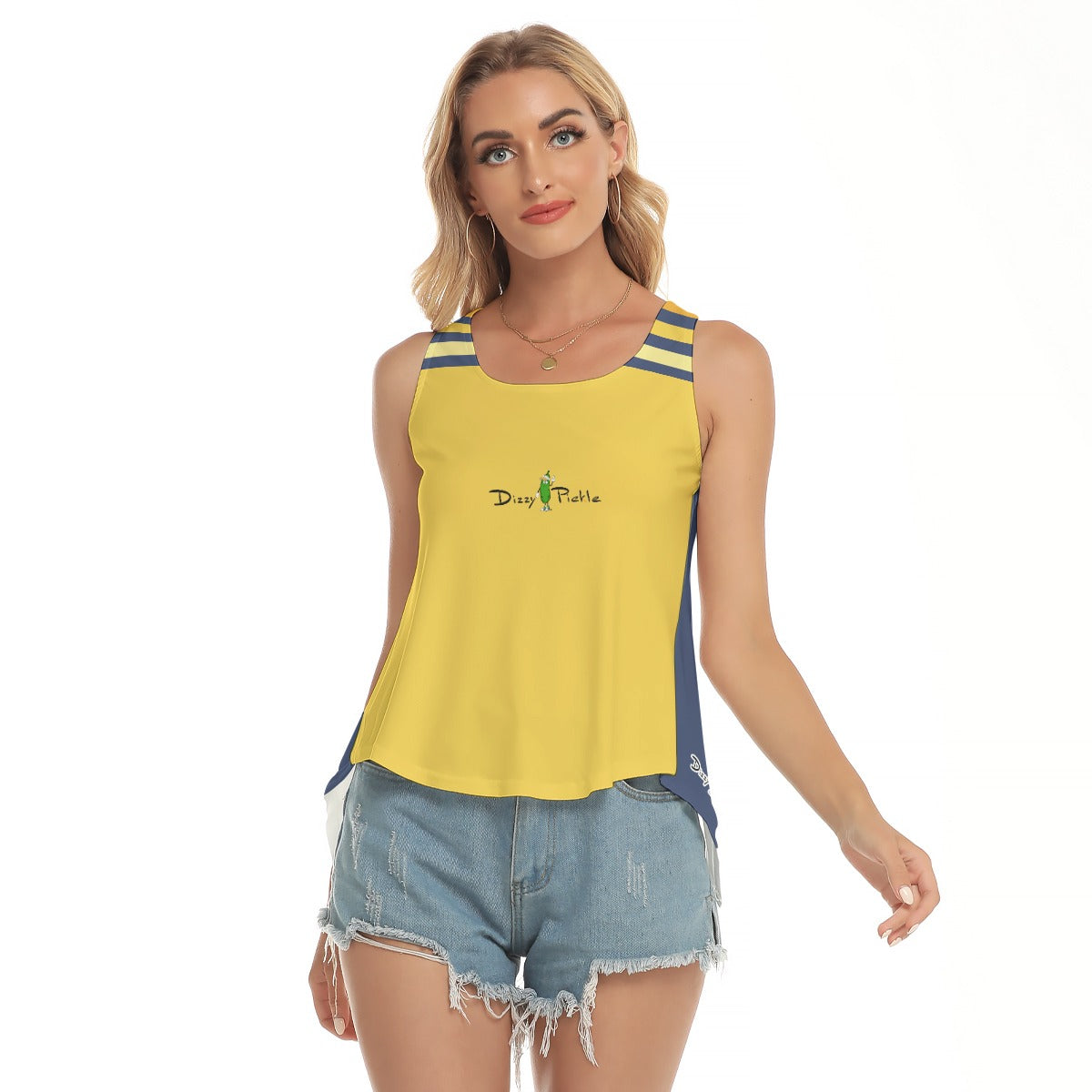 Dizzy Pickle Amy Sunflowers Yellow Stripes Women's Pickleball Open-Backed Sleeveless Tank Top