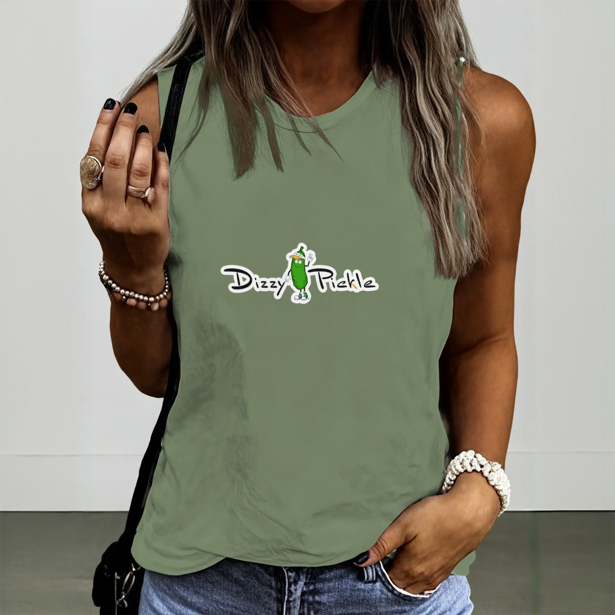 Dizzy Pickle DZY P Classic Dark Sage Women's Pickleball Crew Neck Sleeveless Premium T-Shirt