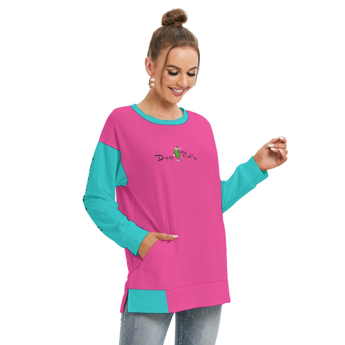 Dizzy Pickle DZY P Classic Pink_Teal Women's Pickleball Side Split O-Neck Sweatshirt