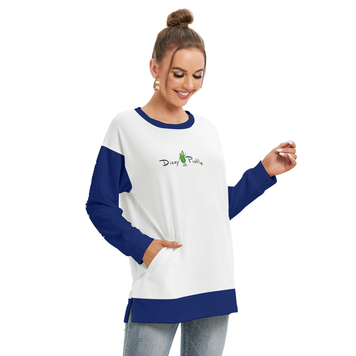 Dizzy Pickle DZY P Classic White_Blue Women's Pickleball Side Split O-Neck Sweatshirt