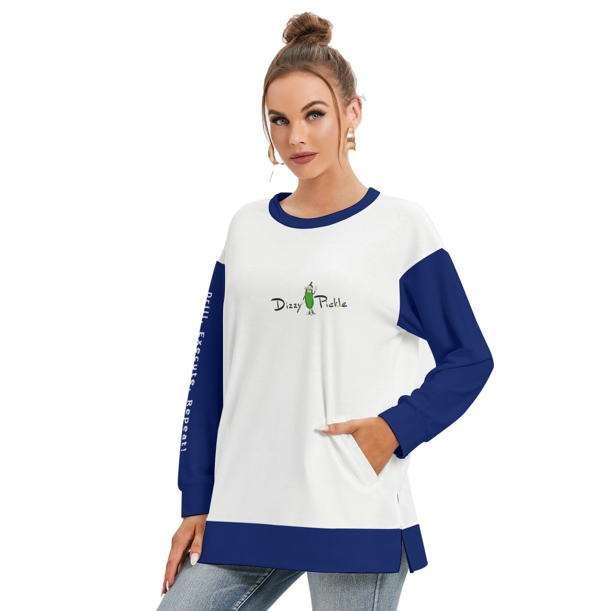 Dizzy Pickle DZY P Classic White_Blue Women's Pickleball Side Split O-Neck Sweatshirt