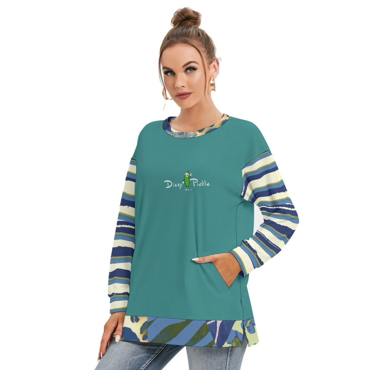 Dizzy Pickle Anne StripesTurquoise Women's Pickleball Side Split O-Neck Sweatshirt