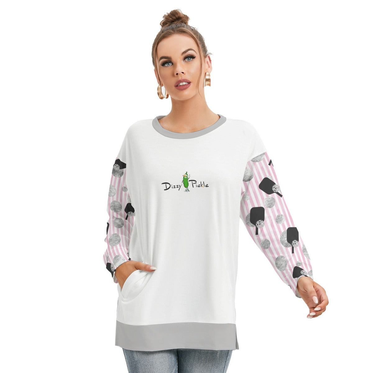 Dizzy Pickle Page Polka Dots_Paddles_Stripes Women's Pickleball Side Split O-Neck Sweatshirt