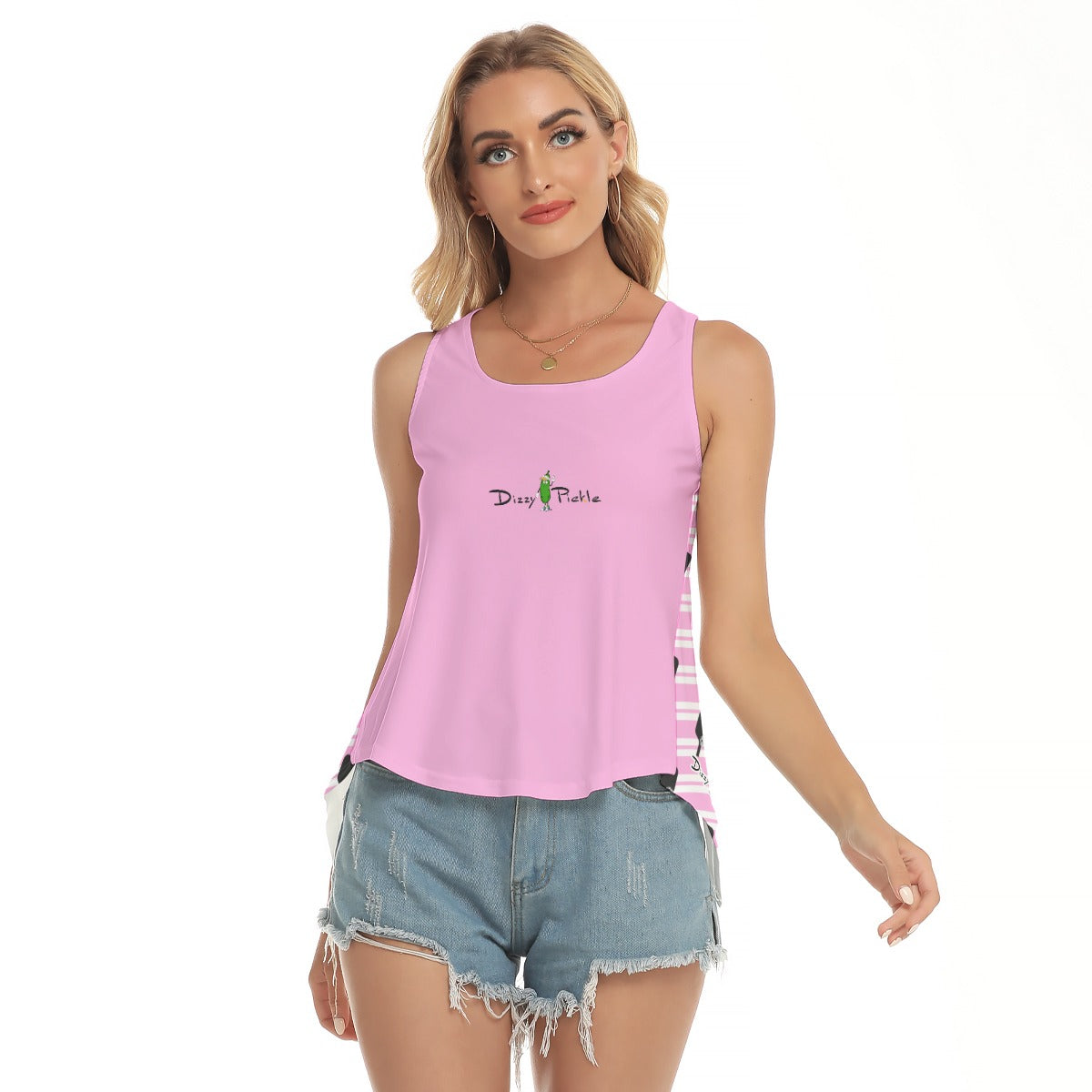 Dizzy Pickle Page Pink Paddles_ Stripes Women's Pickleball Open-Backed Sleeveless Tank Top