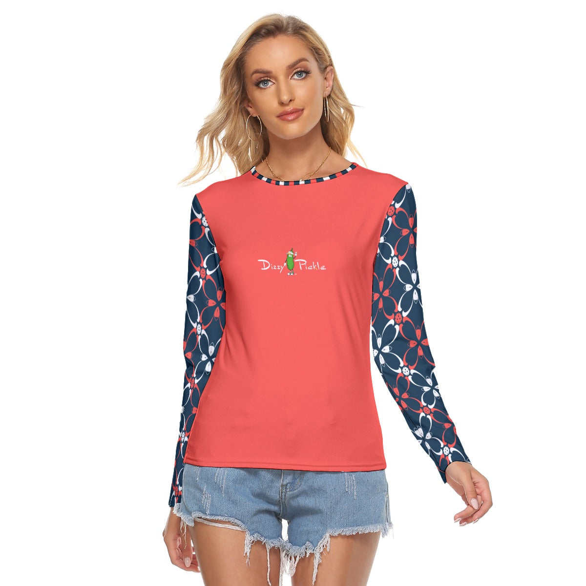 Dizzy Pickle Van Coral Blue Petals Women's Pickleball Crew Neck Stretchable Long Sleeve Top