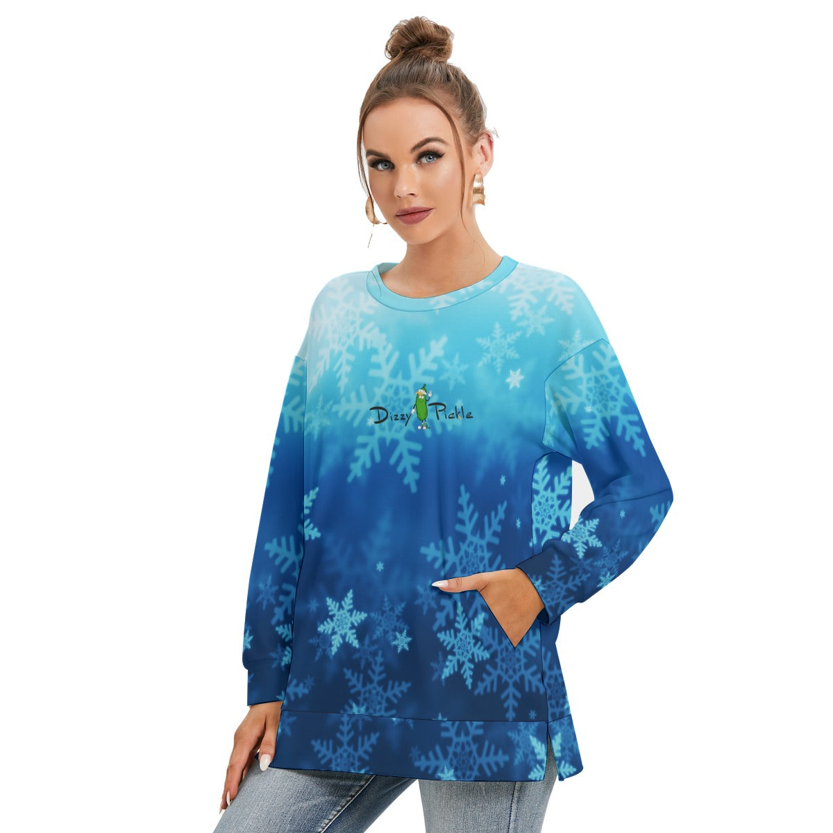 Dizzy Pickle Christmas Blue Snowflakes Women's Pickleball Side Split O-Neck Sweatshirt