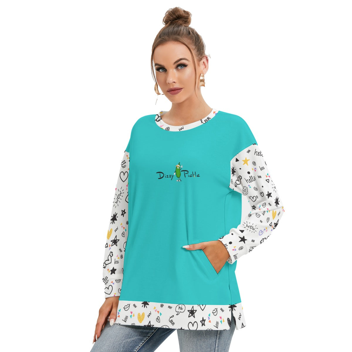 Dizzy Pickle Rachel White Women's Pickleball Side Split O-Neck Sweatshirt