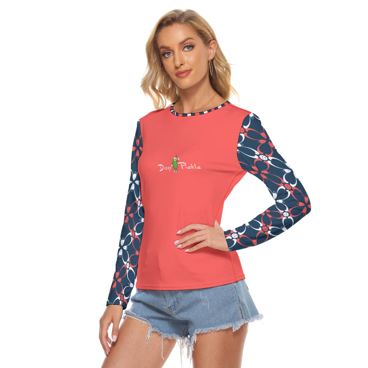 Dizzy Pickle Van Coral Blue Petals Women's Pickleball Crew Neck Stretchable Long Sleeve Top