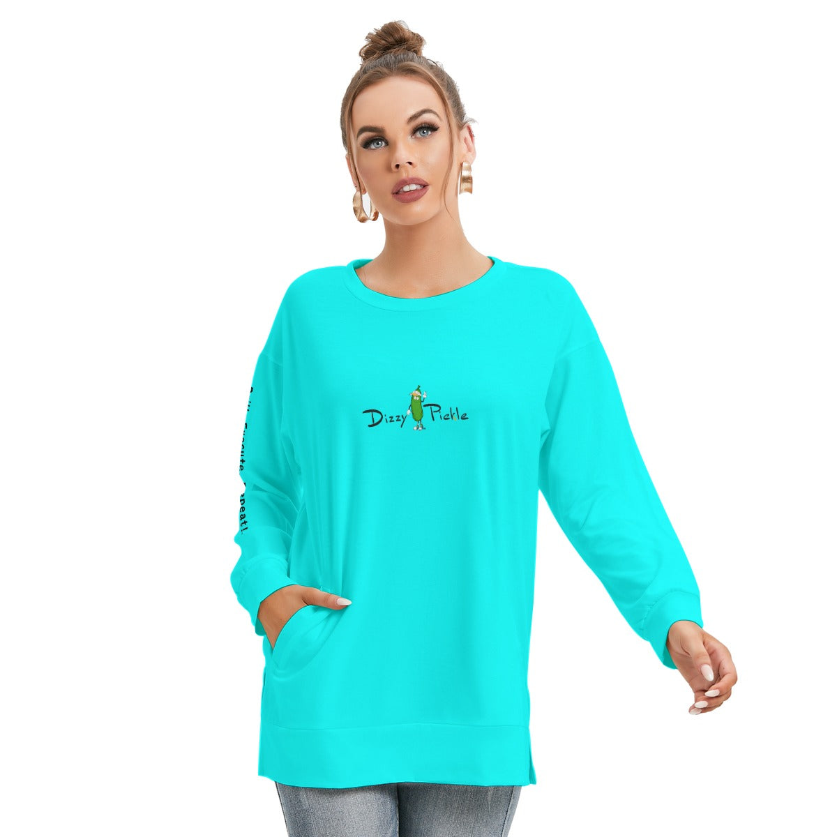 Dizzy Pickle DZY P Classic Cool Teal Women's Pickleball Side Split O-Neck Sweatshirt