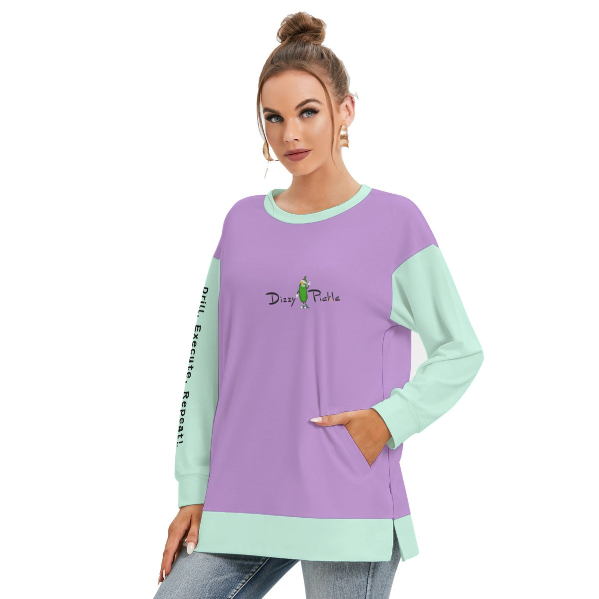 Dizzy Pickle DZY P Classic Lavender_Sea Foam Women's Pickleball Side Split O-Neck Sweatshirt