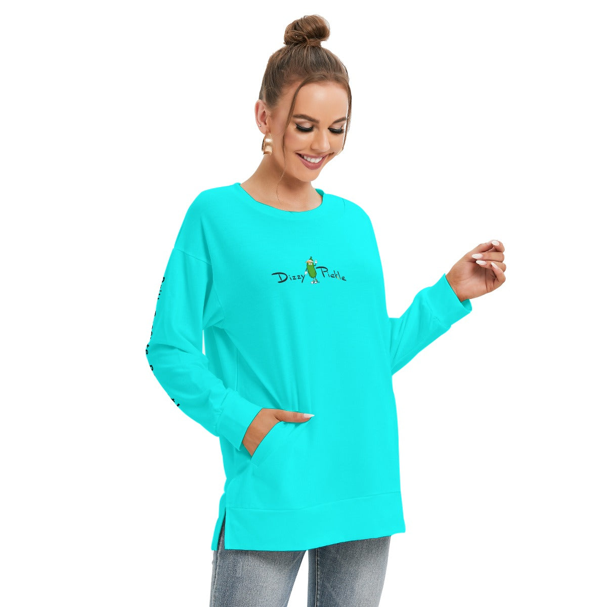 Dizzy Pickle DZY P Classic Cool Teal Women's Pickleball Side Split O-Neck Sweatshirt