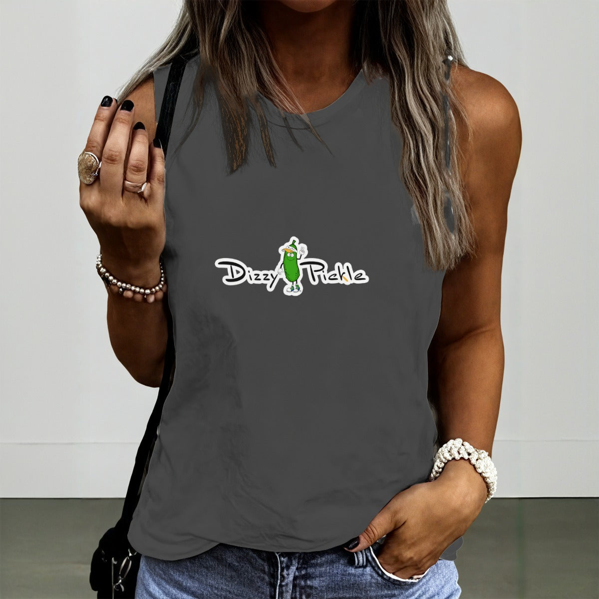 Dizzy Pickle DZY P Classic Dark Gray Women's Pickleball Crew Neck Sleeveless Premium T-Shirt