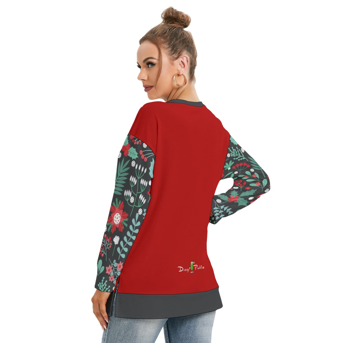 Dizzy Pickle Christmas Garden Women's Pickleball Side Split O-Neck Sweatshirt