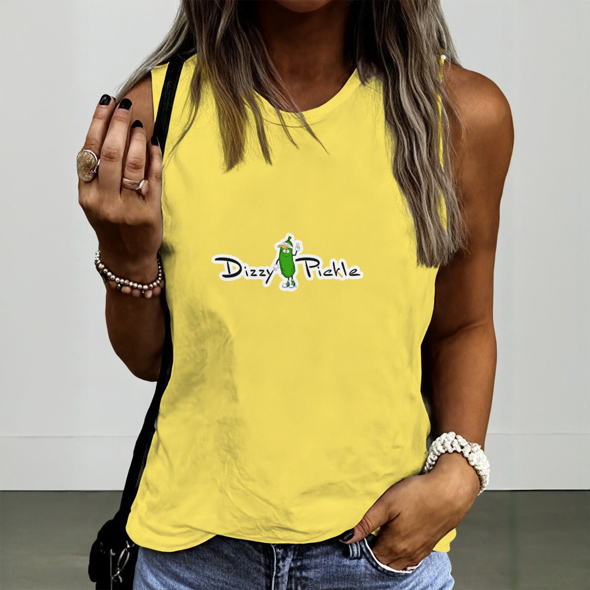 Dizzy Pickle DZY P Classic Sunshine Yellow Women's Pickleball Crew Neck Sleeveless Premium T-Shirt