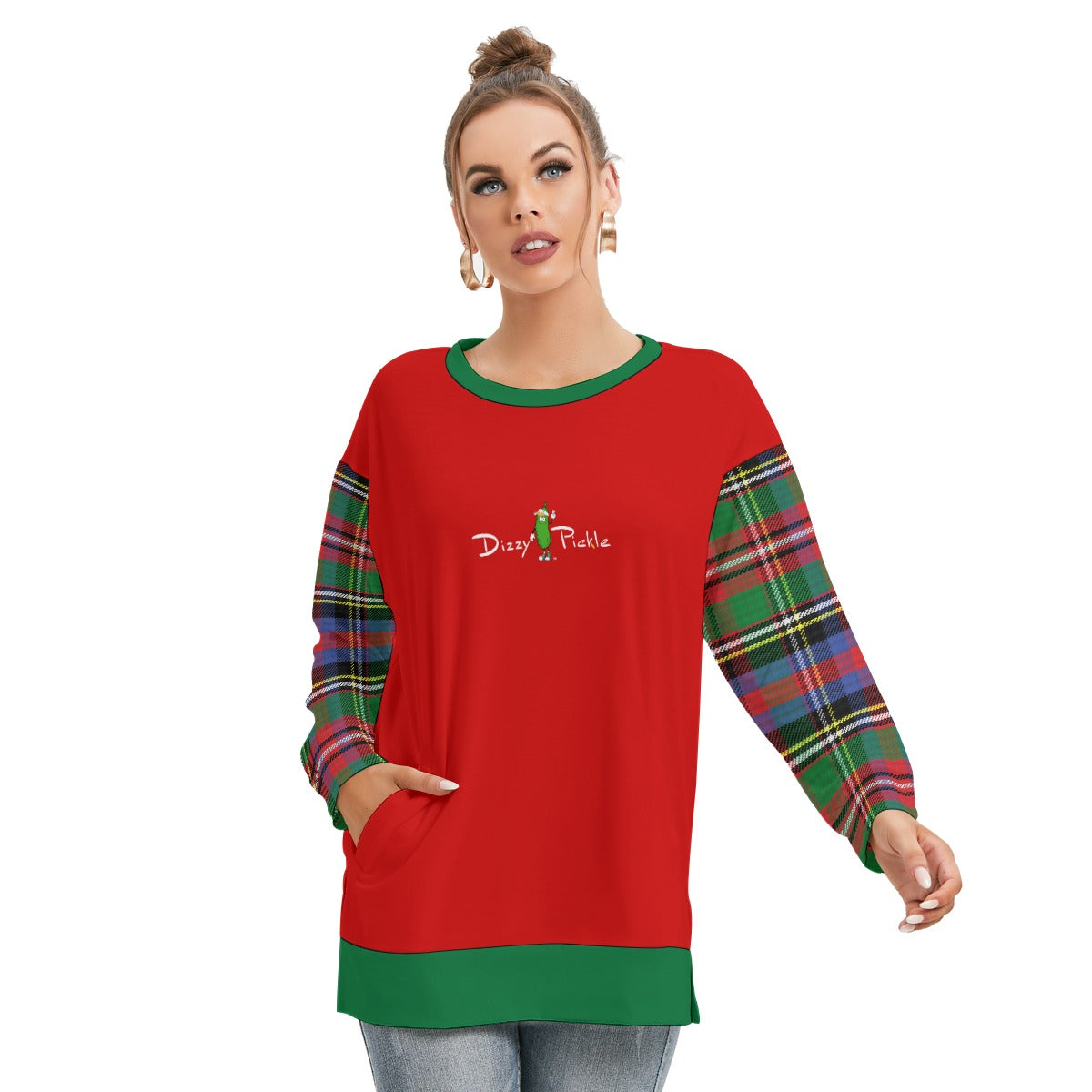 Dizzy Pickle Christmas Plaid Women's Pickleball Side Split O-Neck Sweatshirt