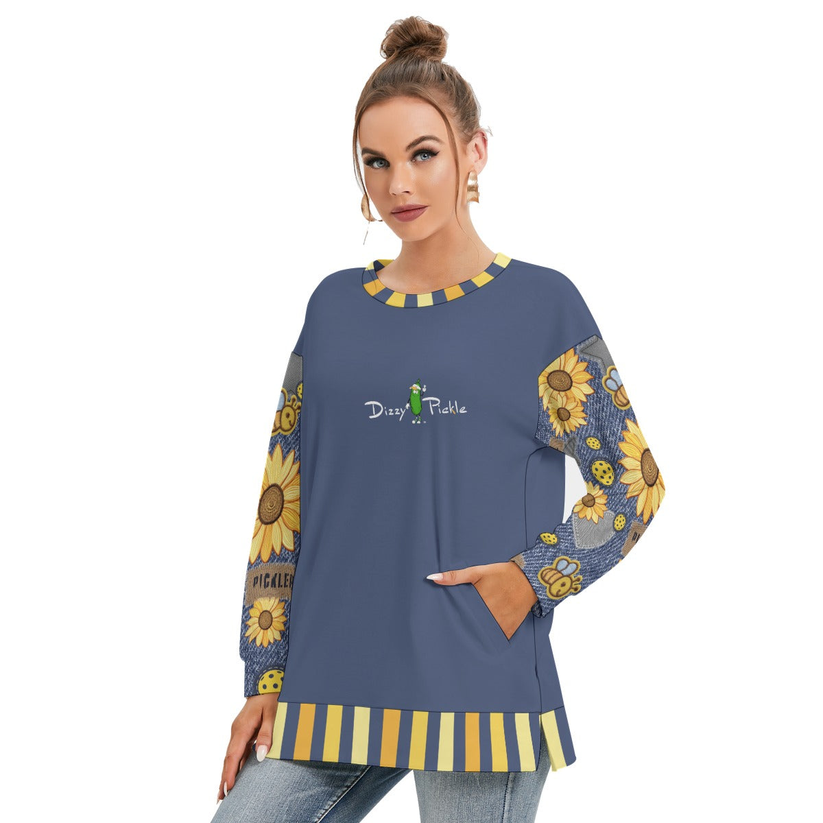 Dizzy Pickle Amy Sunflowers Women's Pickleball Side Split O-Neck Sweatshirt