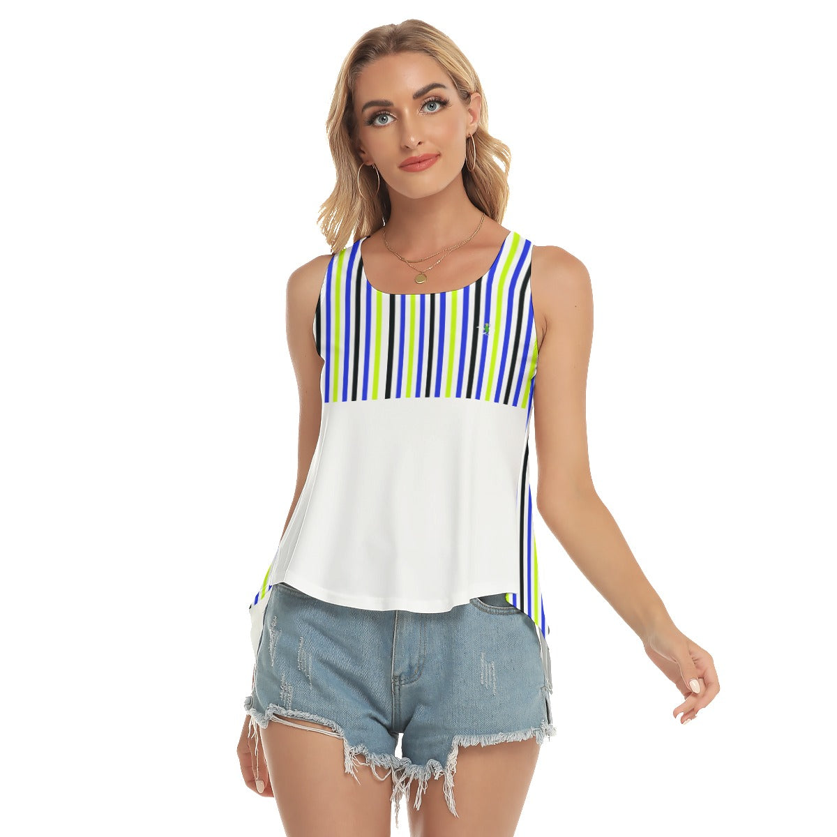 LARGE Dizzy Pickle Connie Stripes Women's Pickleball Open-Backed Sleeveless Tank Top White