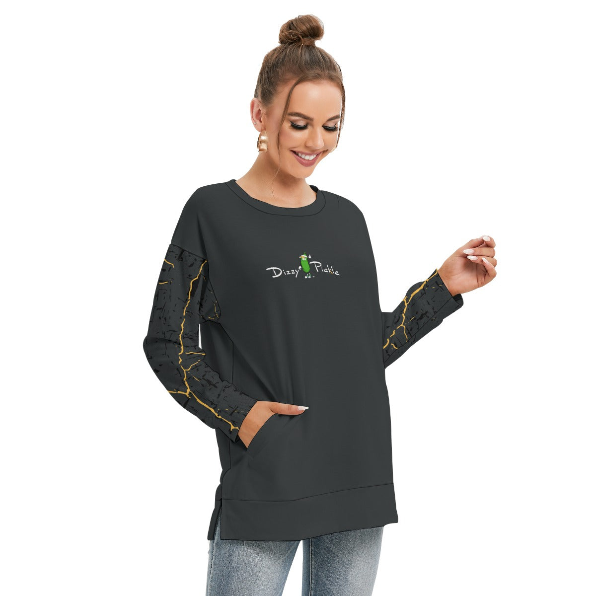 Dizzy Pickle Lynne Black Women's Pickleball Side Split O-Neck Sweatshirt