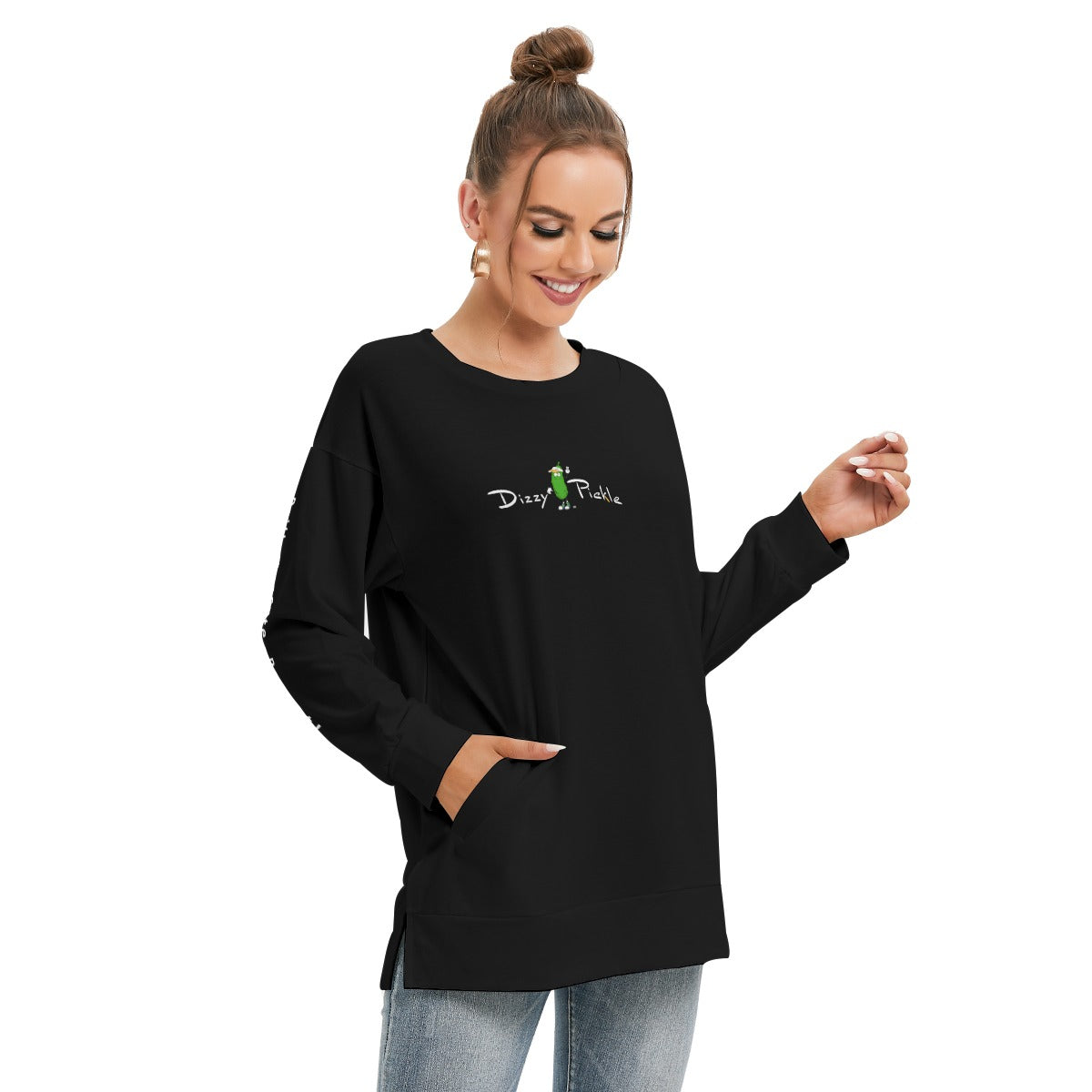 Dizzy Pickle DZY P Classic Black Women's Pickleball Side Split O-Neck Sweatshirt