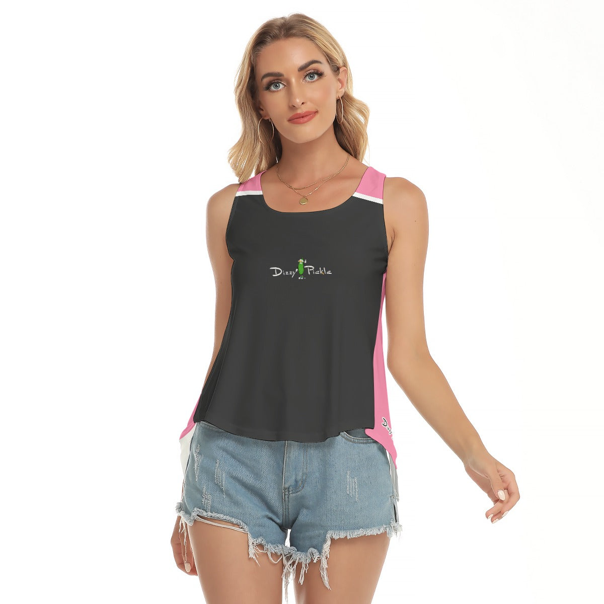 Dizzy Pickle Page Charcoal_Deep Pink Women's Pickleball Open-Backed Sleeveless Tank Top