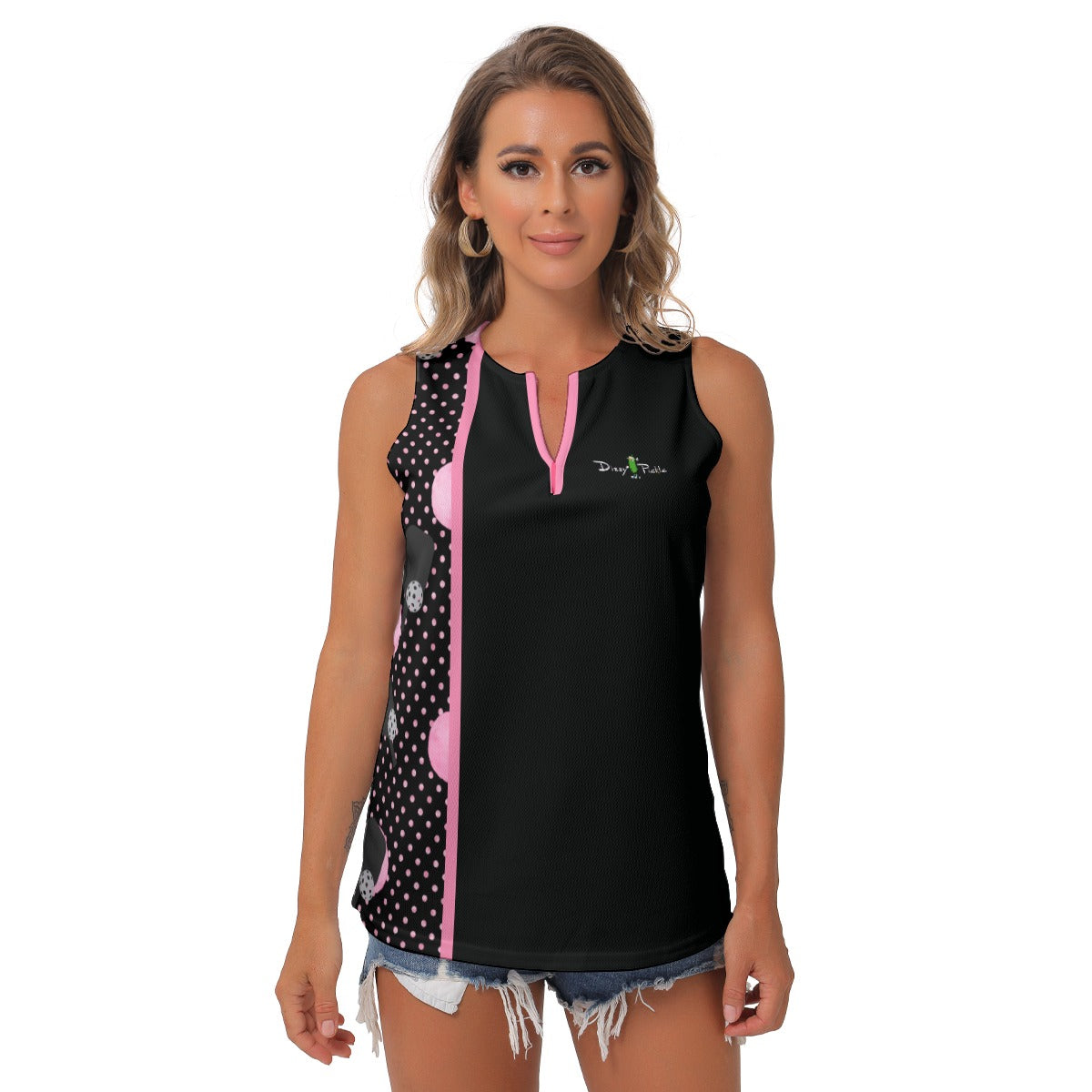 Dizzy Pickle Page Paddles_Polka Dots Black Women's Pickleball Sleeveless V-Neck Top