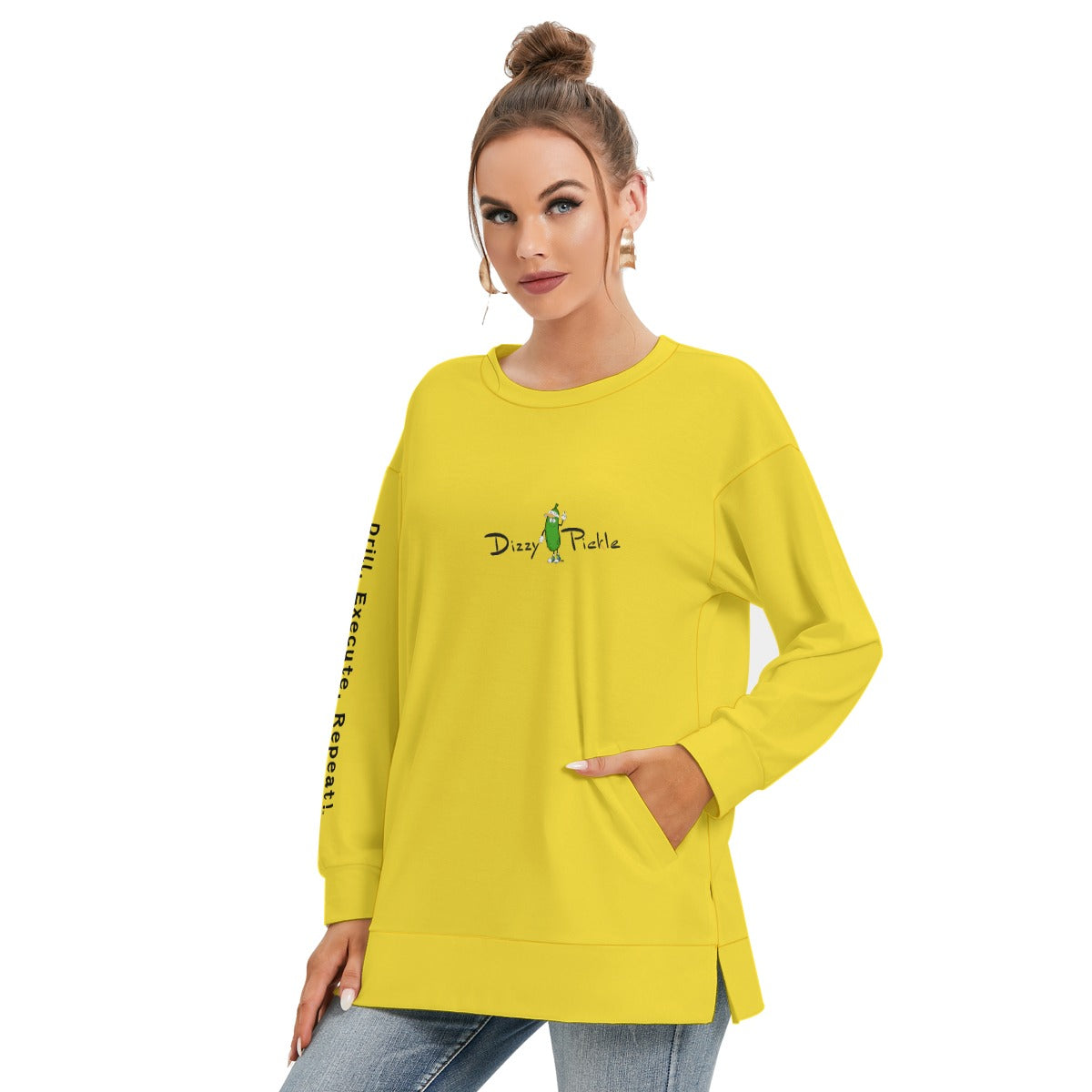 Dizzy Pickle DZY P Classic Yellow Women's Pickleball Side Split O-Neck Sweatshirt