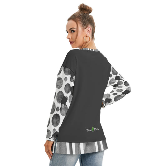 Dizzy Pickle Mary Paddles and Polka Dots Women's Pickleball Side Split O-Neck Sweatshirt