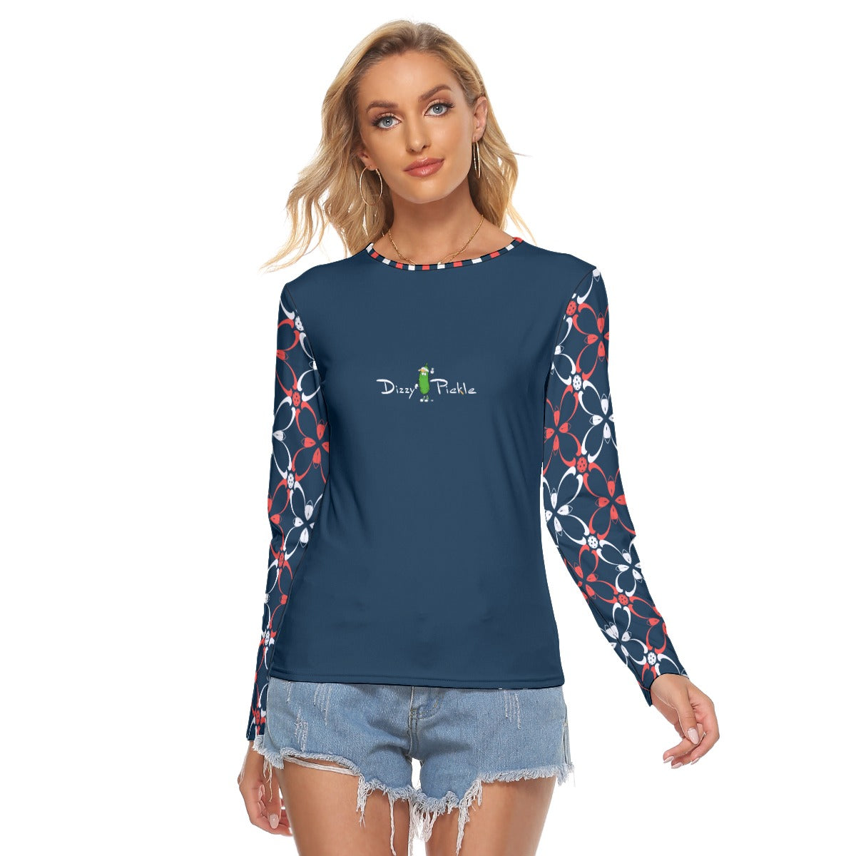 Dizzy Pickle Van Petals Blue Women's Pickleball Crew Neck Stretchable Long Sleeve Top