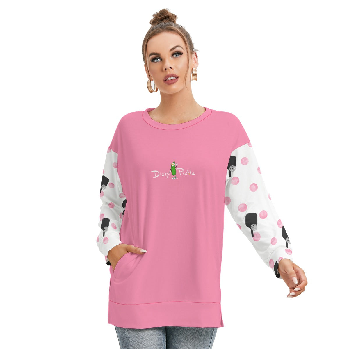 Dizzy Pickle Page Paddles_Polka Dots Small White Women's Pickleball Side Split O-Neck Sweatshirt