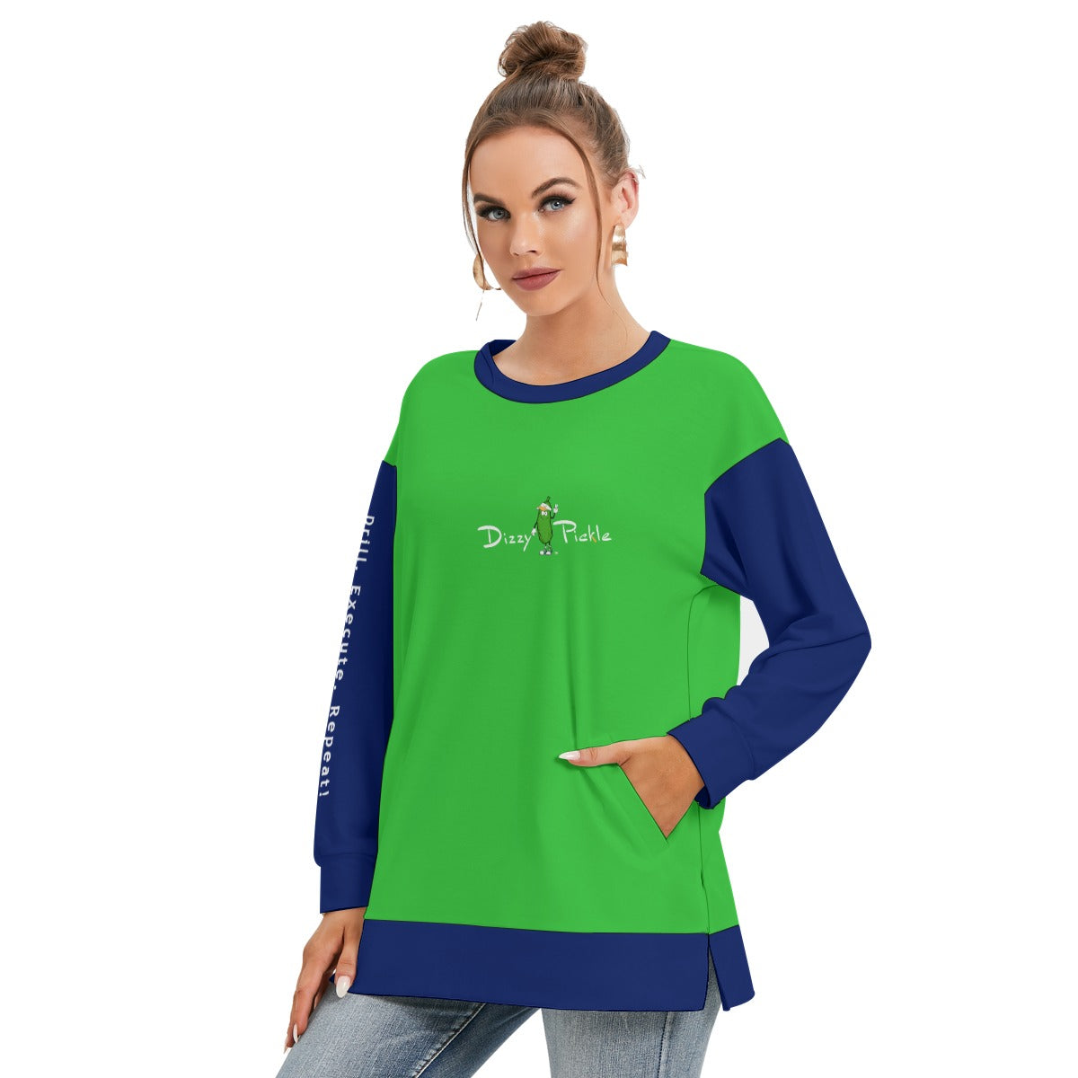 Dizzy Pickle DZY P Classic Green_Blue Women's Pickleball Side Split O-Neck Sweatshirt