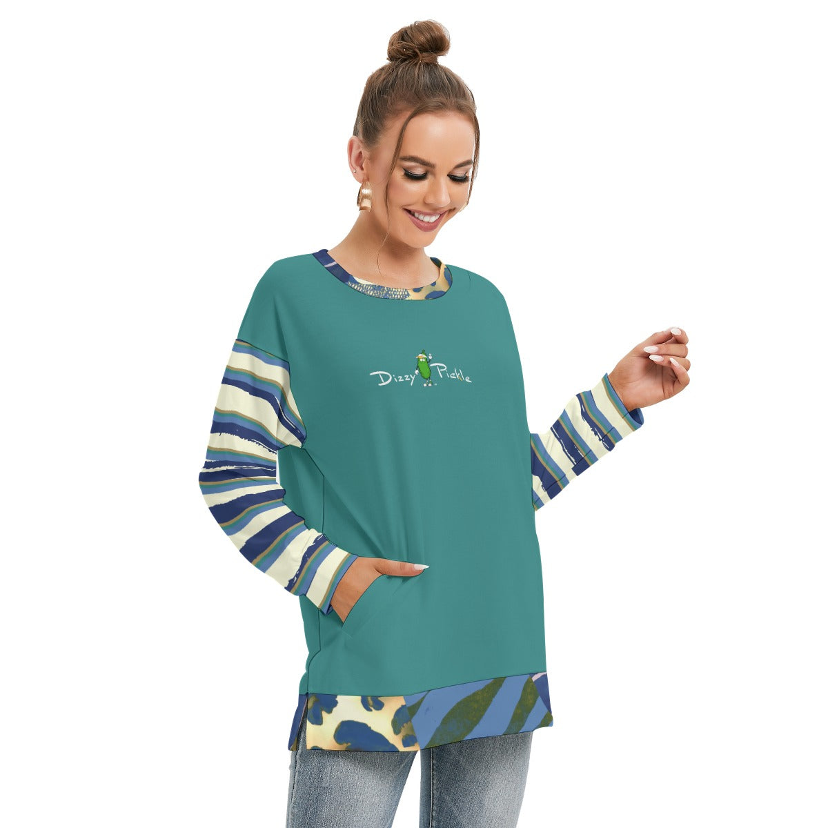 Dizzy Pickle Anne StripesTurquoise Women's Pickleball Side Split O-Neck Sweatshirt